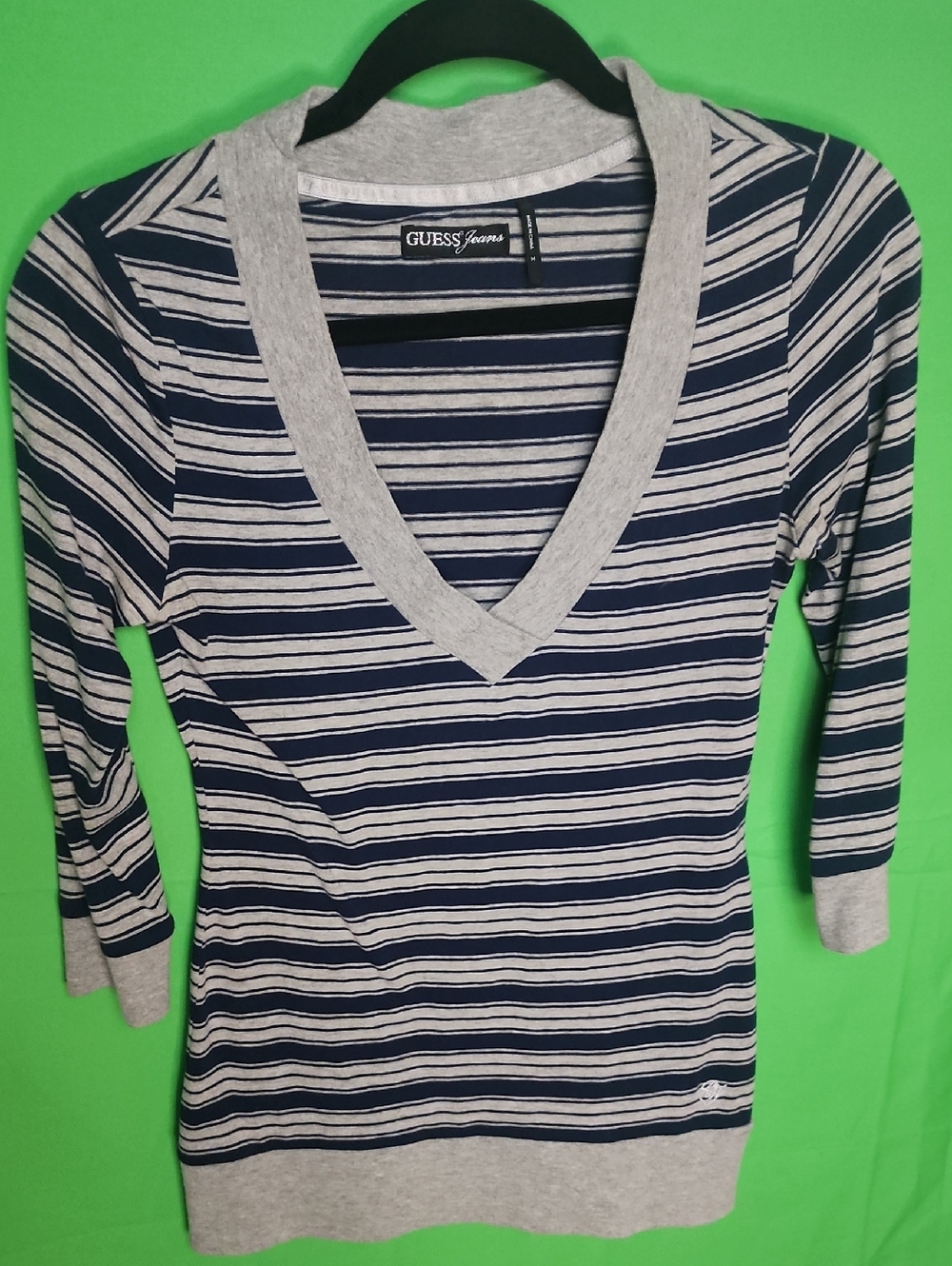 GUESS Jeans Vintage Y2K Striped V-Neck Knit Top Navy Grey M
